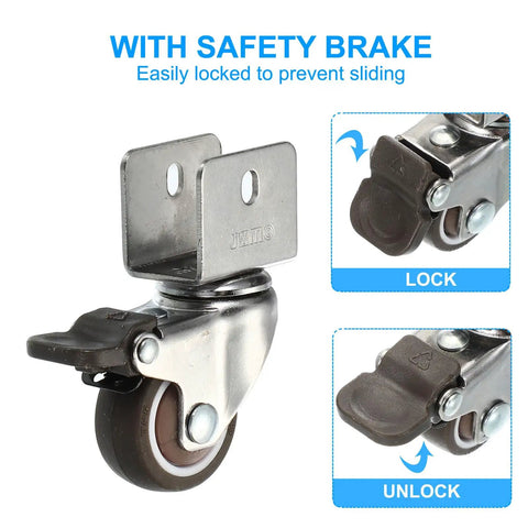 No Fuss Heavy Duty Swivel Caster Wheels With 5 7 Inch U Brackets And Solid Locking Brake for easy furniture swaps, showing safety brake lock.