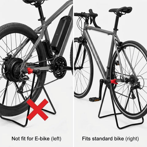 Foldable Steel Bicycle Floor Stand 2 Pack showing compatibility with standard bike but not with E-bike