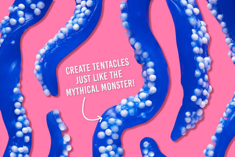 Blue Crackle And Kracken Thinking Putty with white foam beads on pink background, creating tentacles, 4 inch tin, sensory fidget putty