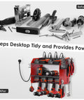 Heavy Duty Wall Mount Power Tool Organizer With Charging Station, Drill Storage Shelf With Hooks, Battery Holder And Built In 8 Outlet Power Strip, Garage Organizer Rack In Red, 1 Pack displayed before and after organization