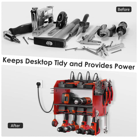 Heavy Duty Wall Mount Power Tool Organizer With Charging Station, Drill Storage Shelf With Hooks, Battery Holder And Built In 8 Outlet Power Strip, Garage Organizer Rack In Red, 1 Pack displayed before and after organization