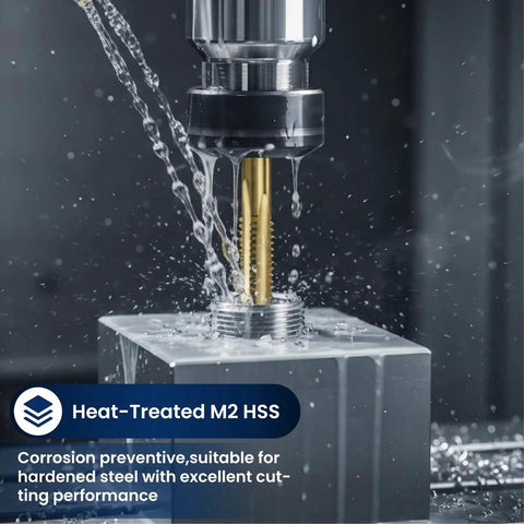 M11x2.0 4-Flute And M8x1.25 3-Flute Thread Tap Set in action, M2 steel, shows cutting performance on engine threads