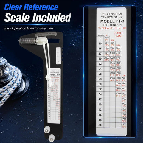 Pro Grade Hands Free Rigging Tension Gauge For Sailboat Shrouds And Wire Rope Standing Rigging Forestays And Cable Rigs Fits Nine Thirty Second Inch Nine Sixteenth Inch And Three Eighths Inch Cables Up To Four Thousand Five Hundred Pound Capacity, black marine gauge with scale chart