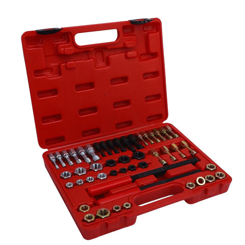 Heavy Duty 48 Piece Steel Thread Chaser Kit With 22 Taps And 24 Dies Plus Two Files For Cleaning Restoring Damaged Threads On Bolts Studs Nuts Perfect For Mechanics In The Garage Or DIY Auto Projects. red case open with taps and dies