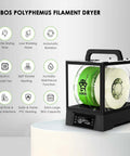3D Printer Filament Dryer Box With Auto Rotation And Humidity Hold, showing filament spool inside drying box with features listed