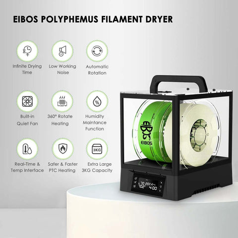 3D Printer Filament Dryer Box With Auto Rotation And Humidity Hold, showing filament spool inside drying box with features listed