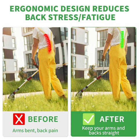 Person using Ergonomic Back Saver Handle Extension For Weed Eaters And String Trimmers Fits Most Shaft Sizes 26mm Or 28mm Easy Install
