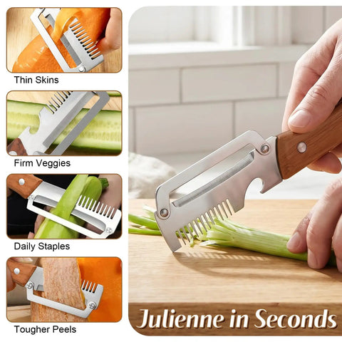 All In One Vegetable Peeler With Wooden Handle And Wide Stainless Steel Blade Perfect For Potatoes And Carrots 3 In 1 Peeler in use