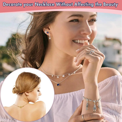 Woman wearing jewelry with Lobster Clasp Necklace Clasp Extender Kit Grab And Go 14K Gold And Silver Finishes showing ease of use.
