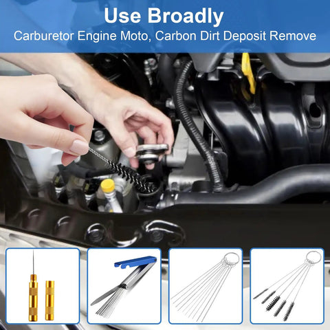 Person cleaning carburetor with Carburetor Cleaning Kit Pro Grade All In One With Torch Tip Cleaner Stainless Steel Tools.