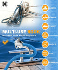 Knotless Adjustable Sliding Boat Anchor Hook with Quick Release Marine Line Clip, stainless steel on boat deck for securing lines.