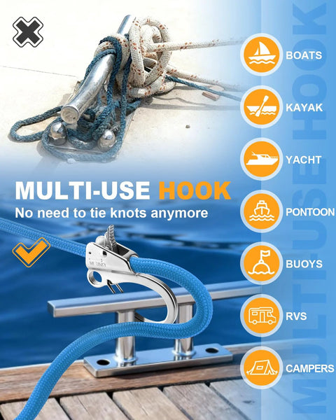 Knotless Adjustable Sliding Boat Anchor Hook with Quick Release Marine Line Clip, stainless steel on boat deck for securing lines.