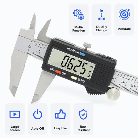 6 Inch Digital Caliper Workhorse with Auto Off and Big LCD Screen Stainless Steel Electronic Vernier Caliper showing 0.625 in