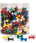 Top Shelf Bulk Push Pins For Bulletin Boards And Cork Walls, Sharp Steel Thumb Tacks With Easy Grip Heads in a clear jar.