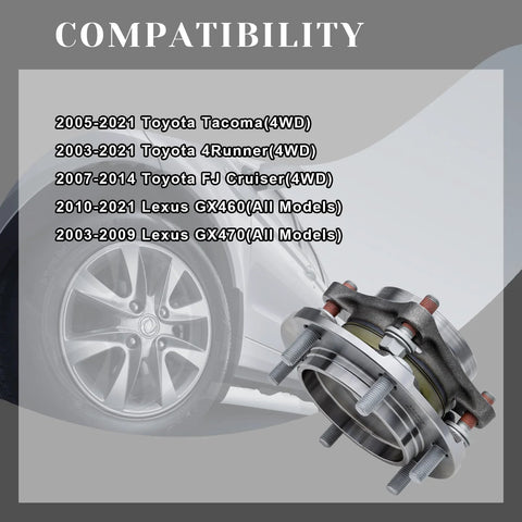 Front Left And Right Wheel Bearing Hubs Assembly For Toyota 4Runner Tacoma FJ Cruiser And Lexus GX460 GX470 With ABS 6 Lug Bolts Direct Fit 4WD Beefed Up Heavy Duty Replacement 950001 515040 1 Piece displayed next to car wheel.