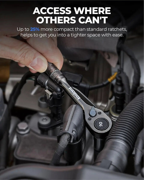 One Quarter Inch Drive Ratchet With Ninety Tooth Gear Ultra Compact Low Profile Head For Tight Spaces Reversible Quick Release Five Inch Length Black Titanium Finish Durable Tool For Engine Bays And Auto Repairs used in engine bay