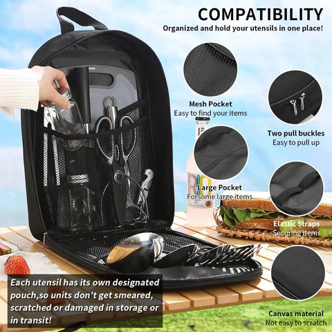 15 Piece Camping Kitchen Utensil Set For RVs Camping Backpacking And Travel Premium Outdoor Cooking Tools in organized pouch