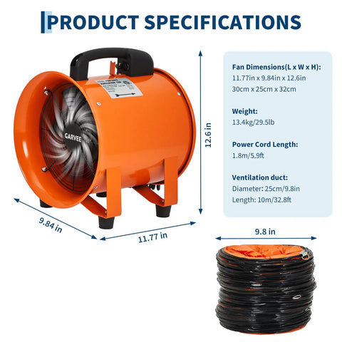 8 Inch Utility Blower Fan Portable Air Mover With 32.8 Ft Flexible Duct Hose 1100 CFM Low Noise Industrial Exhaust Fan specifications