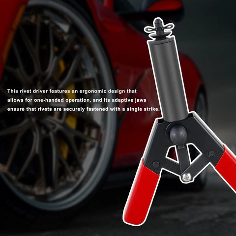 Beefy Heavy Duty Rivet Gun Set With 31 Piece Blind Rivet Kit shown with non-slip steel hand riveter near car wheel.