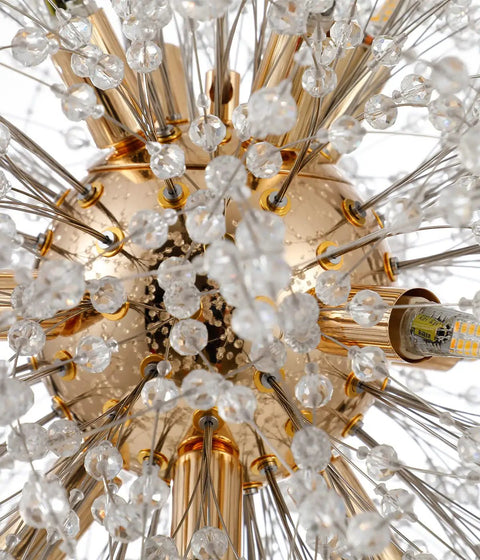 Close-up of crystal detail on Gold 12 Light Modern Crystal Firework Chandelier With Dandelion Burst Design 21.6 Inch Lit Rainbow Glow