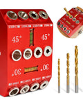 Multi Angle Drill Guide Jig With 30 45 90 Degree Options, Bubble Level For Precise Straight And Angled Holes, Portable Metal Drill Guide For Woodworking, Deck Railings, Posts, Easy Setup, Includes Four Drill Bits showing red jig and drill bits