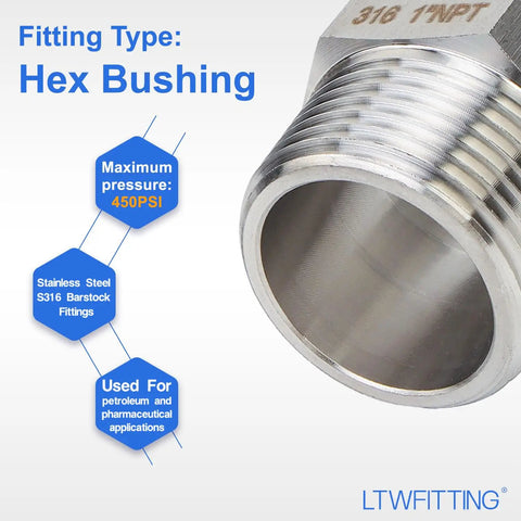 316 Stainless Steel Hex Nipple Fitting 1 Inch NPT Male Pipe Connector For Marine Plumbing