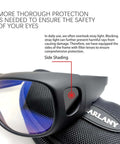Carlany CO2 laser eye protection goggles with blue-tinted lenses; side view on a black carrying case showing Carlany logo