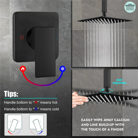 Square Stainless Steel Shower Faucet Set With Rainfall System One Handle Trim Kit Ceiling Mount Ten Inch Matte Black