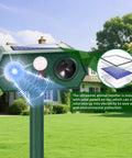 Solar Powered Ultrasonic Animal Repeller Pro Defense For Garden And Yard Deterrent Scares Deer Raccoon Squirrel Cats Rabbits Skunk With Motion Sensor Light IP65 Weatherproof Outdoor Protector mounted on post in lawn