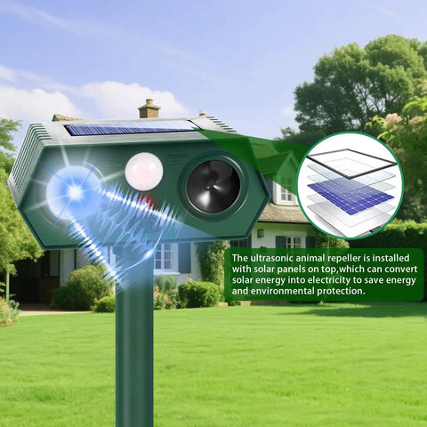 Solar Powered Ultrasonic Animal Repeller Pro Defense For Garden And Yard Deterrent Scares Deer Raccoon Squirrel Cats Rabbits Skunk With Motion Sensor Light IP65 Weatherproof Outdoor Protector mounted on post in lawn