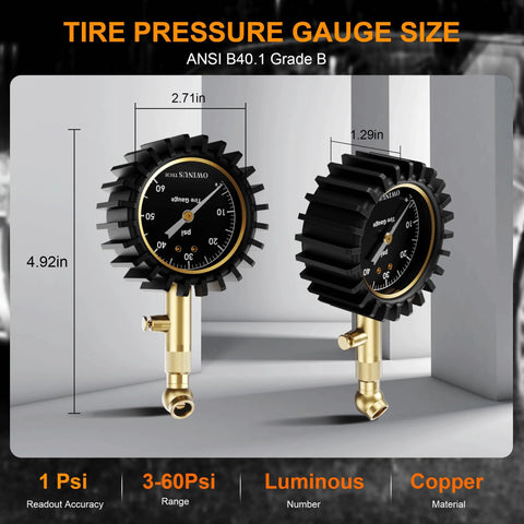 Front view of two tire pressure gauges with black glowing 60 PSI dials, brass stems and gear-like rings