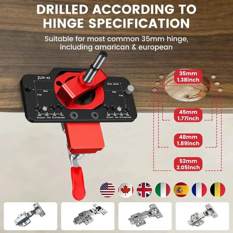 Concealed Hinge Jig For Cabinet Doors 35mm Metal Pro Grade DIY Woodworking Tool Kit with size settings diagram