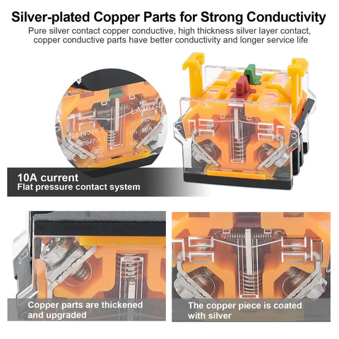 Close-up of silver-plated copper parts for strong conductivity in electrical component, highlighting contact system and upgrades.