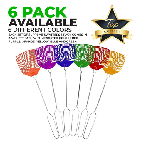 Bug And Fly Swatter 6 Pack With Braided Metal Handles in six colors: red, purple, blue, green, orange, and yellow
