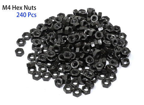 Heavy Duty M4 Hex Socket Head Cap Screw Assortment Kit, 720 Piece Set With Flat Washers, Alloy Steel 12.9 Grade Black Oxide Finish, 240 black hex nuts piled together.