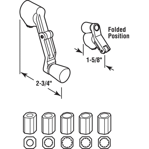 Diagram of Universal Diecast Folding Crank Handle For Casement Windows White Finish Durable Window Hardware dimensions