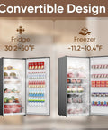 Massive Convertible Upright Freezer And Refrigerator Combo, 21.2 Cubic Feet Stainless Steel Build showing fridge and freezer sides.