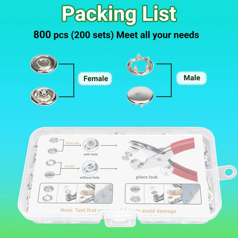 Pro Grade 9.5mm Metal Snaps For Fabric 800 Pieces In 10 Colors With Easy Grip Pliers Fastener Kit shown in packaging list