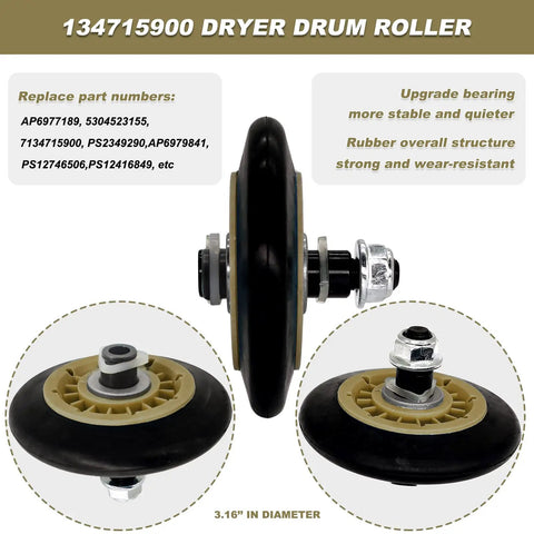 Upgraded Dryer Repair Kit Featuring Four Heavy Duty Drum Rollers One Idler Pulley And Resilient Drive Belt For Electrolux Frigidaire Units Effortless No Sweat Fix - Rubber drum roller, 3.16" diameter, stable bearing.