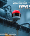 Red LED Signal Tower with IP65 rating under rain, showcasing Built Tough Industrial Three Color LED Signal Tower With Buzzer for Machinery Safety.
