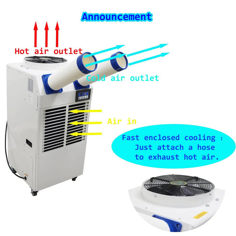 Built Tough Industrial Portable Air Conditioner Crushes That Summer Heat In Warehouses And Workshops 110V 18700BTU with air outlets and display.