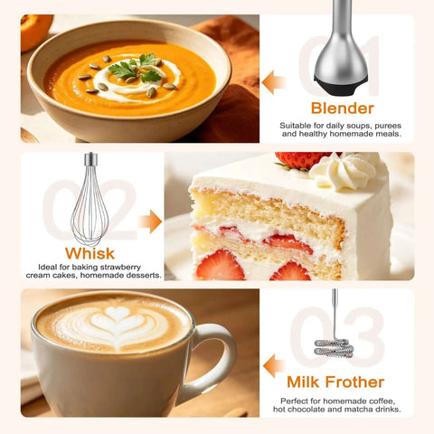 Badass 1200W Immersion Blender With Five Adjustable Speed Settings And Rock Solid Build Quality For Silky Smooth Purees Chunky Salsas And Serious Kitchen Hustle in action with soup, whisk, and milk frother.