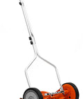 Side view of 1204-14 14-Inch 4-Blade Push Reel Lawn Mower with lightweight 19-pound body, red finish, 8.5-inch polymer wheels.