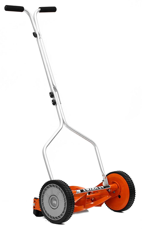 Side view of 1204-14 14-Inch 4-Blade Push Reel Lawn Mower with lightweight 19-pound body, red finish, 8.5-inch polymer wheels.