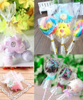 Clear Cake Pop Bags 3x5 Inches, 300 Pcs With Twist Ties displaying assorted lollipops, candies, and cookies