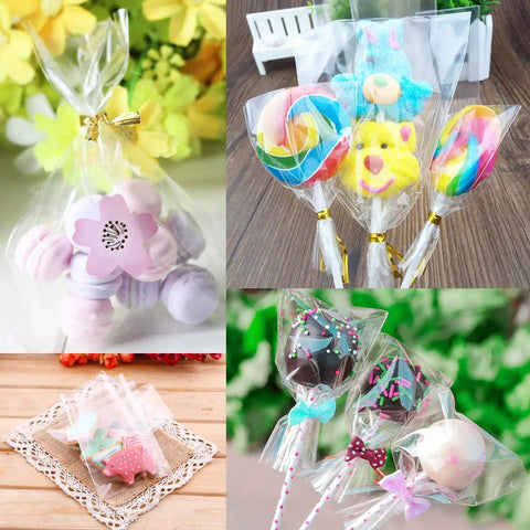 Clear Cake Pop Bags 3x5 Inches, 300 Pcs With Twist Ties displaying assorted lollipops, candies, and cookies