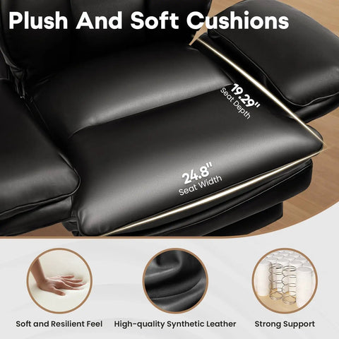 Close-up of plush soft cushions on black Big And Tall Leather Office Chair for Heavy Duty Comfort, labeled seat depth and width.