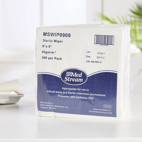 Premium Sterile Polyester And Cellulose Cleanroom Wipes 9x9 inch packaging for labs and clinics, high absorbency and low lint.