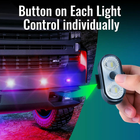 Wireless Interior Ambient LED Light Kit For Cars, 2 Pack With Button And Remote, front view of truck with light control in hand