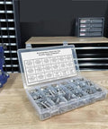 Heavy Duty Stainless Steel Hex Bolt Assortment Kit 380 Piece Corrosion Resistant Nuts Washers And Screws For Rock Solid Furniture Assembly in transparent organizer.